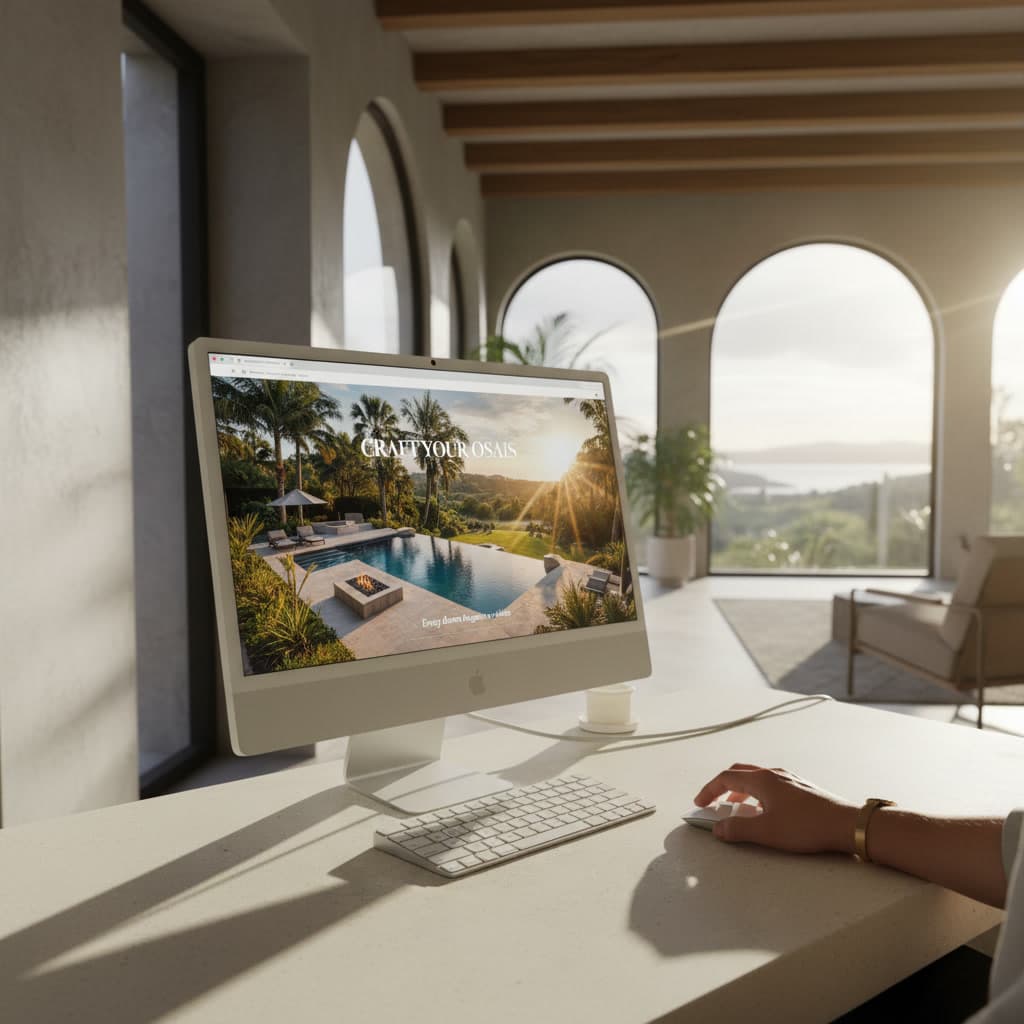 Website eines Poolbau-Unternehmens mit Infinity-Pool und Villa, dargestellt auf einem Desktop-Bildschirm